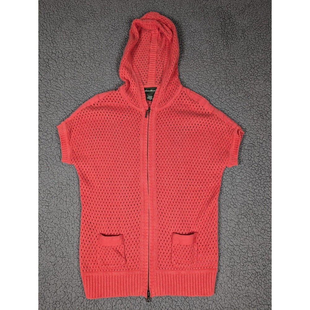 Eddie Bauer Top Short Sleeve Eyelet Zip Up Hoodie Front Pockets Linen Sz M